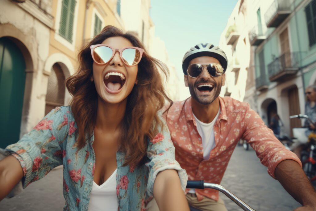 A young man and woman ride bicycles while smiling broadly.