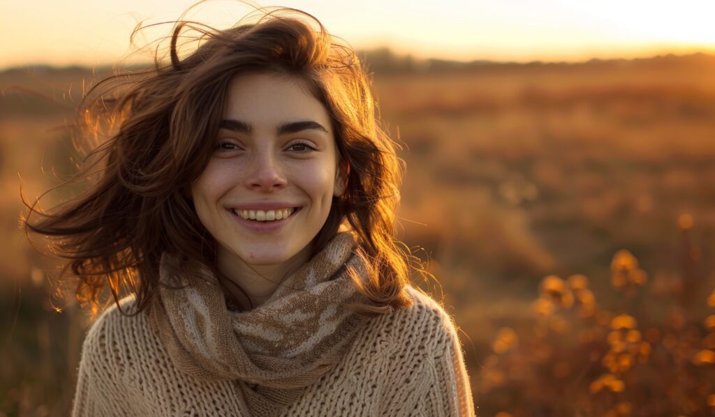 A young woman smiling at golden hour outside in a field of flowers.