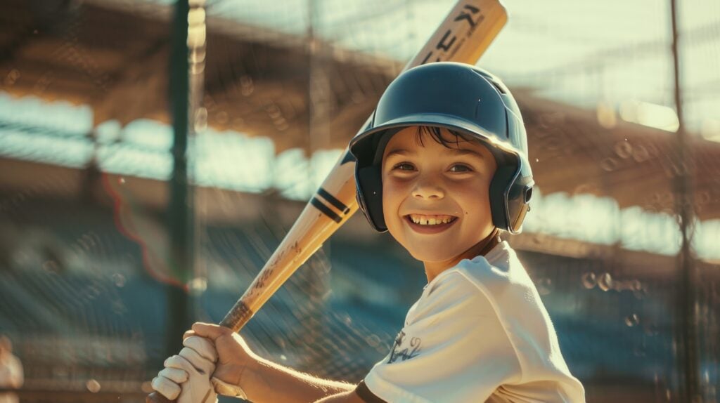 A young boy playing baseball, a sport that may lead to dental injury.