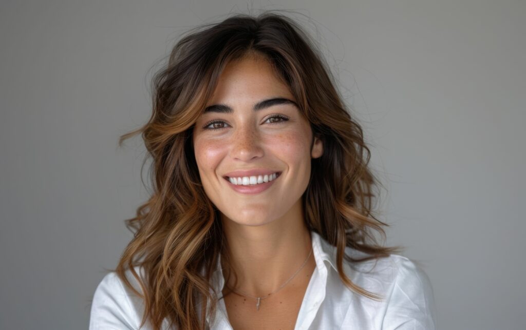 A young woman smiling confidently against a grey background.