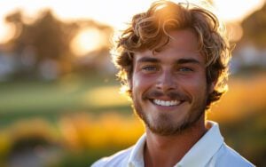 A young man smiling with porcelain crowns at sunset.