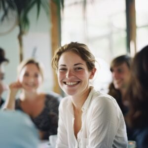 A young woman smiling and relaxed in a room full of people.